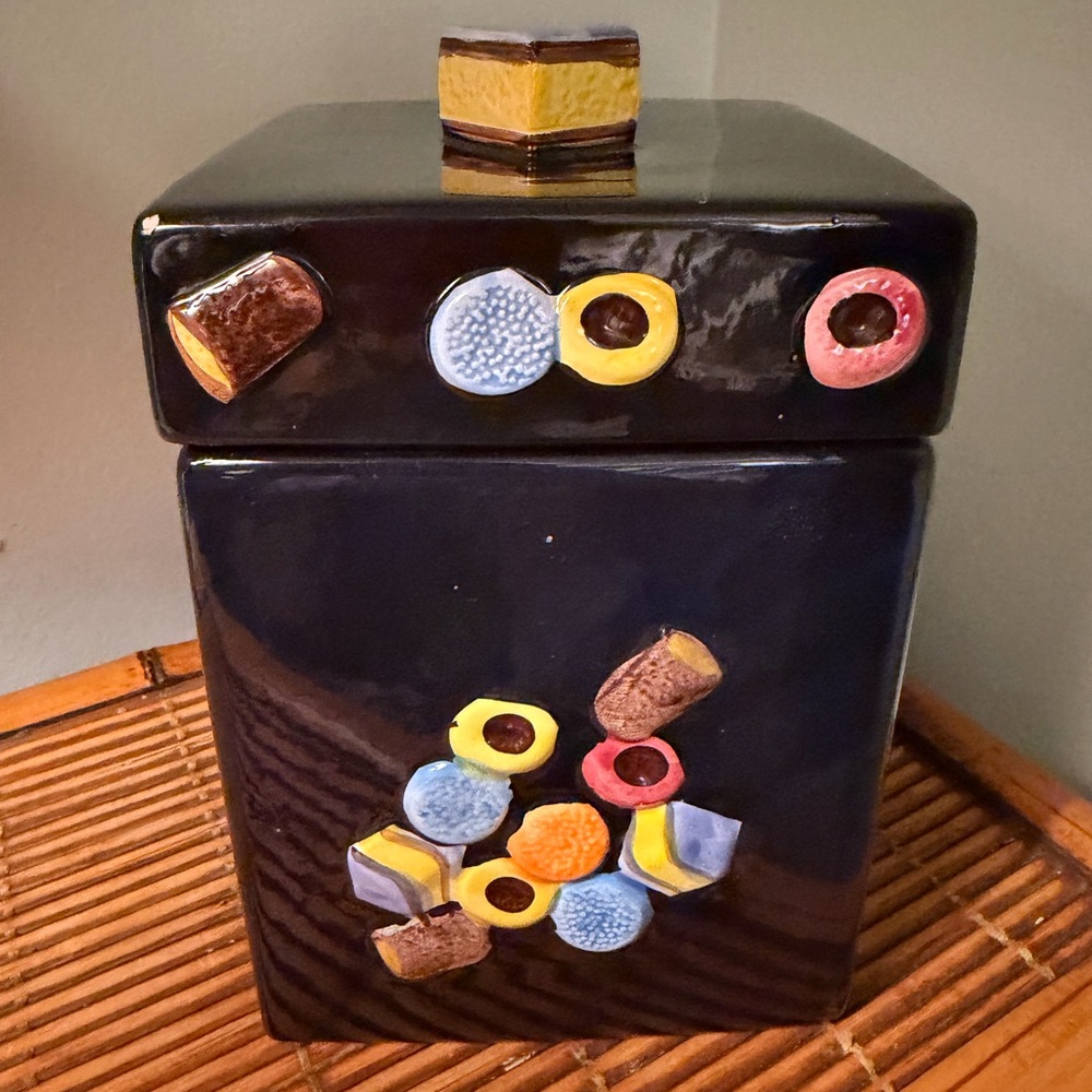 Hand-Painted Licorice Allsorts Ceramic Candy Jar - with Sealed lid!